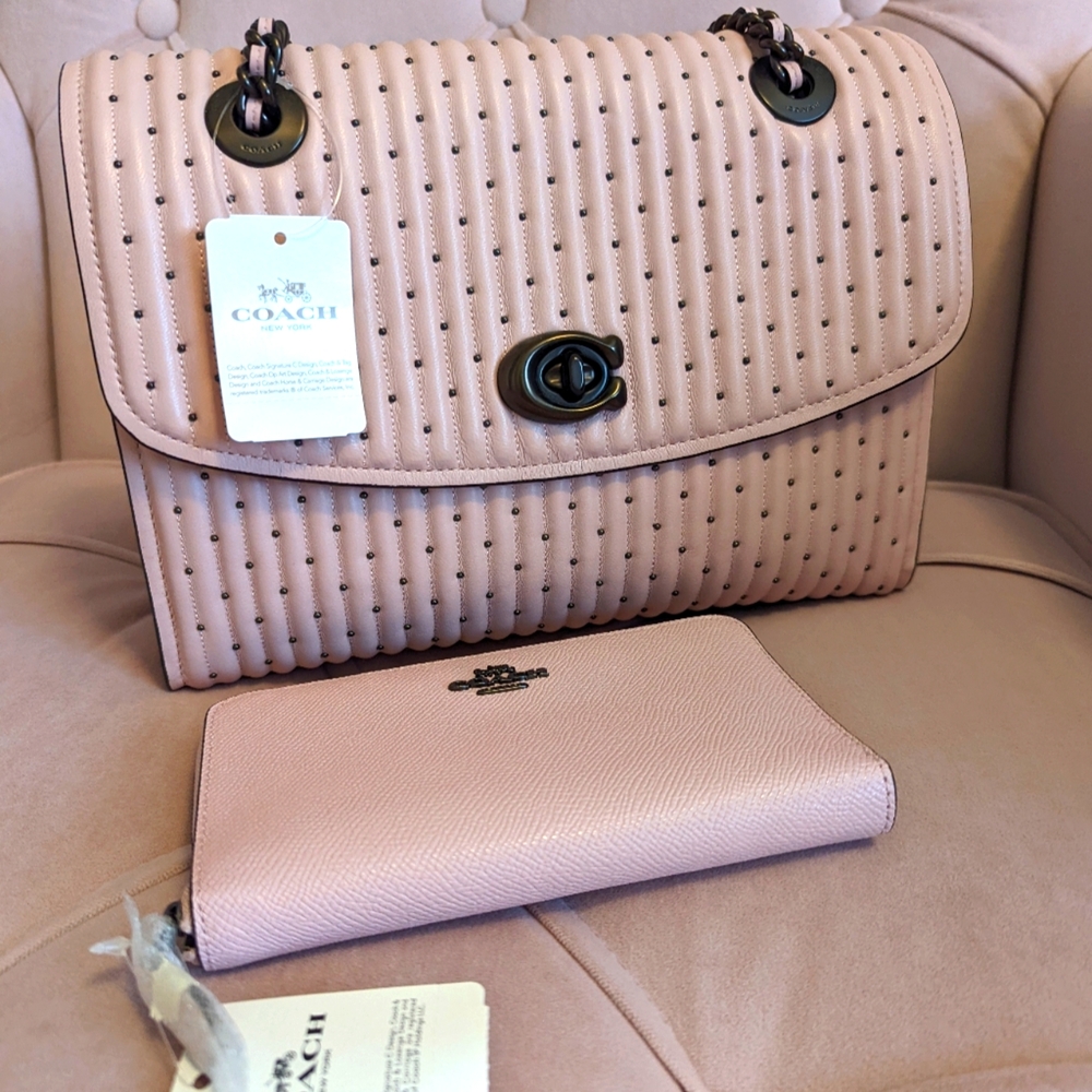 Coach Parker Quilted with Rivets Aurora Pink Purse With Matching Wallet